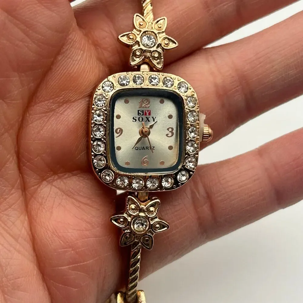 Soxy Rose Gold Square Dial Crystals on Bezel Floral Accents Women Fashion Watch